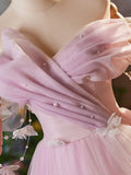 Pink Tulle Floor Length Prom Dress, Beautiful A-Line Off the Shoulder Evening Party Dress HZ1024