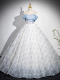 Blue Tulle Printing Floor Length Prom Dress, Off the Shoulder Backless Evening Dress HZ1024