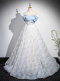 Blue Tulle Printing Floor Length Prom Dress, Off the Shoulder Backless Evening Dress HZ1024