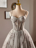 Gray Tulle Sequins Short A-Line Prom Dress, Lovely Spaghetti Strap Evening Party Dress HZ1024