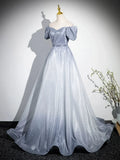 Beautiful Gradient-Color Glitter Sequins Prom Dresses, A-Line Princess Off-The-Shoulder Sleeveless Gray Blue Formal Dresses HZ1024