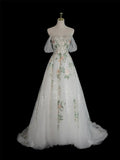 A-Line Tulle Floral Lace Long Prom Dress, White Off the Shoulder Evening Party Dress HZ1024