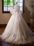 A-Line Tulle Floral Floor Length Prom Dress, Off the Shoulder Formal Party Dress HZ1024