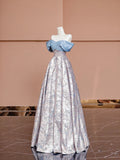 Blue Satin and Floral Pattern Floor Length Prom Dress, Off the Shoulder Evening Party Dress HZ1024
