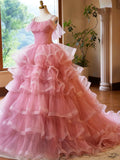 Pink Tulle Layers Long A-Line Prom Dress, Pink Spaghetti Strap Sweet 16 Dress Evening Dress HZ1024