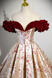 Beautiful Floral Satin Sweetheart Off Shoulder Prom Dress, Burgundy Long Satin Backless Party Dress HZ1024