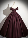 Dark Burgundy Satin Long Prom Dress, Elegant A-Line Off the Shoulder Evening Party Dress HZ1024
