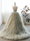 Gray Strapless Tulle Long Prom Dress, Beautiful A-Line Sweetheart Neck Formal Evening Dress HZ1024