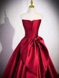 Burgundy Satin Strapless Long Prom Dress, Beautiful A-Line Evening Party Dress HZ1024