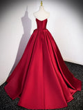 Burgundy Satin Strapless Long Prom Dress, Beautiful A-Line Evening Party Dress HZ1024