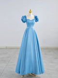 Blue Satin Beaded Floor Length Prom Dress, Blue A-Line Short Sleeve Evening Dress HZ1024