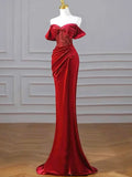Burgundy Velvet Sequins Long Prom Dress, Mermaid Off the Shoulder Party Dress with Slit HZ1024