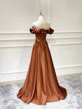 Simple Satin Long Prom Dress, Off the Shoulder V-Neck Evening Dress HZ1024