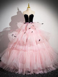 Pink Tulle and Black Velvet Strapless Party Gown, Pink Backless Ruffles Formal Evening Dress HZ1024