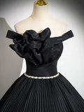 Black Pleated Long A-line Party Gown with Rhinestone Sash, Elegant Off the Shoulder Formal Evening Dress HZ1024