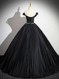 Black Pleated Long A-line Party Gown with Rhinestone Sash, Elegant Off the Shoulder Formal Evening Dress HZ1024