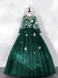 Dark Green Tulle Floor Length Prom Dress with Butterfly Appliques, A-Line Long Sleeve Evening Party Dress HZ1024