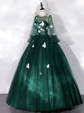 Dark Green Tulle Floor Length Prom Dress with Butterfly Appliques, A-Line Long Sleeve Evening Party Dress HZ1024