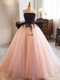 Black and Pink Tulle Lace Long Prom Dress, A-Line Strapless Evening Sweet 16 Dress HZ1024