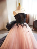 Black and Pink Tulle Lace Long Prom Dress, A-Line Strapless Evening Sweet 16 Dress HZ1024