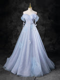Blue Pearl Tulle Floor Length Prom Dress, A-Line Off the Shoulder Formal Party Dress HZ1024