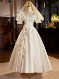 White Satin Tea Length Prom Dress with Lace, Retro A-Line Evening Party Dress HZ1024