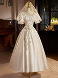 White Satin Tea Length Prom Dress with Lace, Retro A-Line Evening Party Dress HZ1024