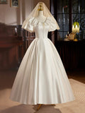 Retro Satin Tea Length Prom Dress with Lace, White A-Line Evening Party Dress HZ1024