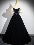 Black Velvet Floor Length Prom Dress, Off the Shoulder A-Line Evening Party Dress HZ1024