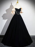 Black Velvet Floor Length Prom Dress, Off the Shoulder A-Line Evening Party Dress HZ1024