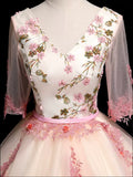 Champagne V-Neck Tulle Lace Long Prom Dress, A-Line Lovely Evening Party Dress HZ1024