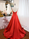 Red Spaghetti Strap Satin Long Prom Dress, Simple A-Line Backless Evening Party Dress HZ1024