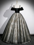 Black Velvet Tulle Sequins Floor Length Prom Dress, Off the Shoulder Evening Party Dress HZ1024