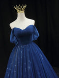Beautiful Blue Tulle Floor Length Prom Dress, A-Line Off the Shoulder Princess Dress Evening Dress HZ1024