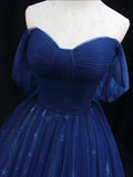 Beautiful Blue Tulle Floor Length Prom Dress, A-Line Off the Shoulder Princess Dress Evening Dress HZ1024