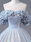 Blue Tulle Sequins Long Formal Dress, Off the Shoulder Princess Dress Sweet 16 Dress HZ1024