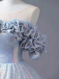 Blue Tulle Sequins Long Formal Dress, Off the Shoulder Princess Dress Sweet 16 Dress HZ1024