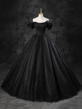 Black Sparkly Tulle Off the Shoulder Long Formal Dress, Elegant A-Line Black Evening Party Dress HZ1024