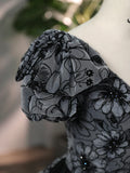 Beautiful Black Rhinestone Flower Prom Dress, Black V-Neck Short Sleeve Evening Dress HZ1024