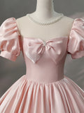 Beautiful Pink Scoop Neck Satin Floor Length Prom Dress, A-Line Short Sleeve Evening Dress with Bow HZ1024