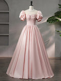 Beautiful Pink Scoop Neck Satin Floor Length Prom Dress, A-Line Short Sleeve Evening Dress with Bow HZ1024