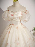 Champagne Floral Tulle Long Prom Dress, Beautiful Short Sleeve A-Line Evening Party Dress HZ1024