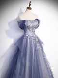 Charming Tulle Sequins A-Line Prom Dresses, Off the Shoulder Floor-Length Formal Dresses HZ1024