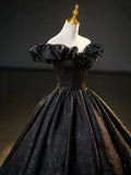 Black V-Neck Floor Length Formal Dress, A-Line Off the Shoulder Evening Party Dress HZ1024