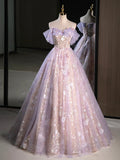 Purple A-Line Off the Shoulder Sequins Prom Dress, Lovely Tulle Corset Floor Length Evening Dress HZ1024