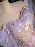 Purple A-Line Off the Shoulder Sequins Prom Dress, Lovely Tulle Corset Floor Length Evening Dress HZ1024