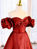 Burgundy Satin Polka Dot Tulle Prom Dress, Lovely Floor Length Short Sleeve Evening Dress HZ1024