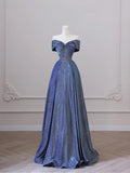Shiny Off the Shoulder Floor Length Blue A-Line Prom Dress HZ1024
