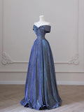 Shiny Off the Shoulder Floor Length Blue A-Line Prom Dress HZ1024