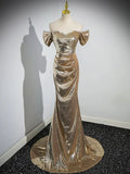 Gold Sequins Floor Length Prom Dress, Mermaid Off the Shoulder Evening Party Dress HZ1024